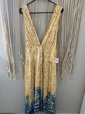 Free People Yellow Printed Maxi Dress with Blue Accent